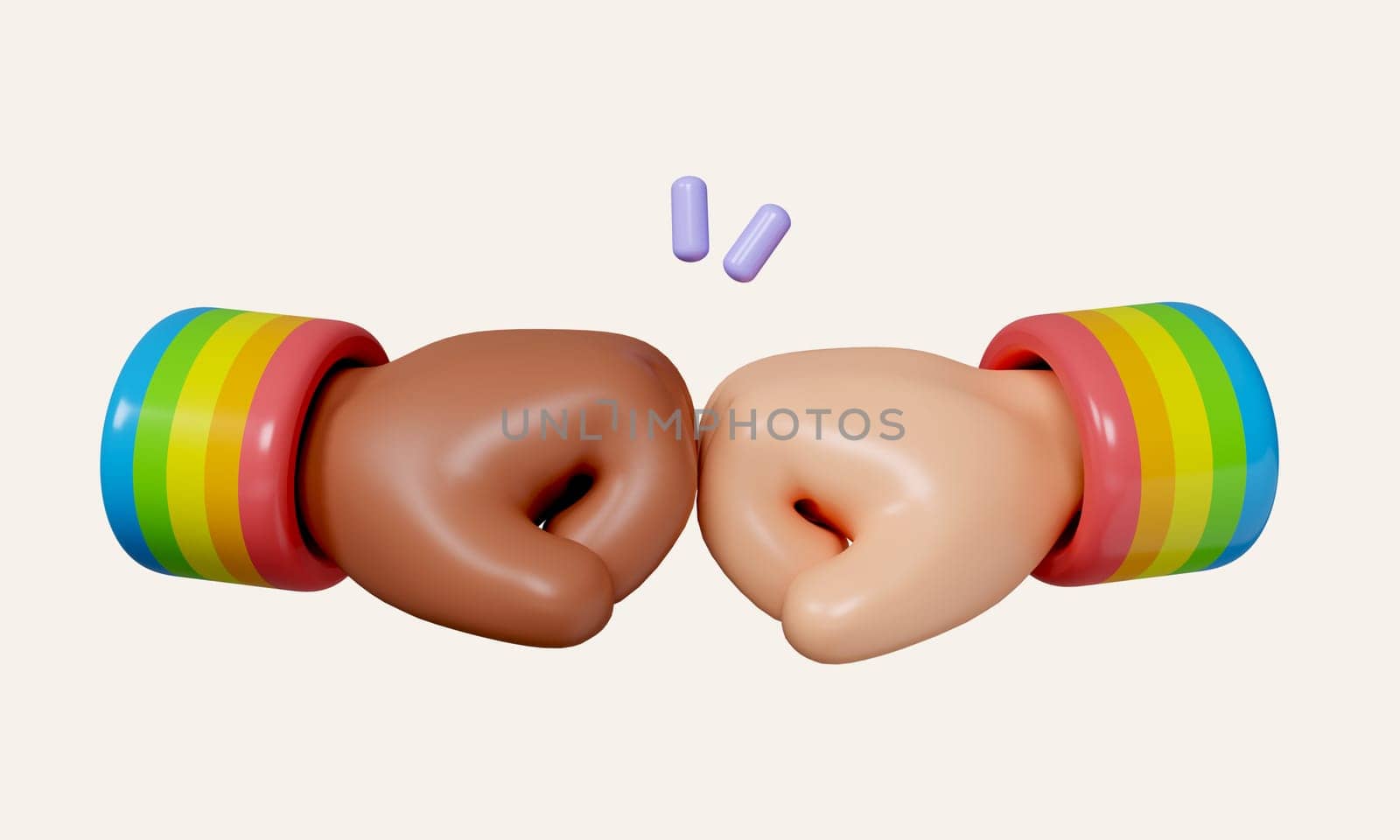 3d of Two Hands with Different Skin Color Fists Punching each other, LGBT Pride Month Icon. icon isolated on white background. 3d rendering illustration. Clipping path..