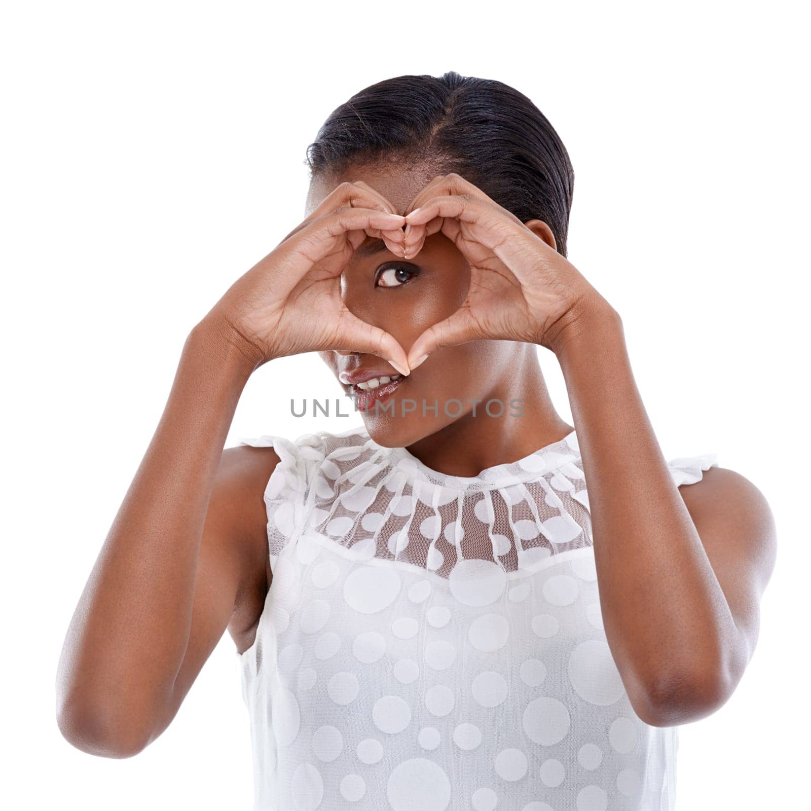 Heart, hands and black woman with sign for love or charity, wellness and support with emoji on white background. Icon, donation and romance gesture with shape, thank you or feedback with reaction by YuriArcurs