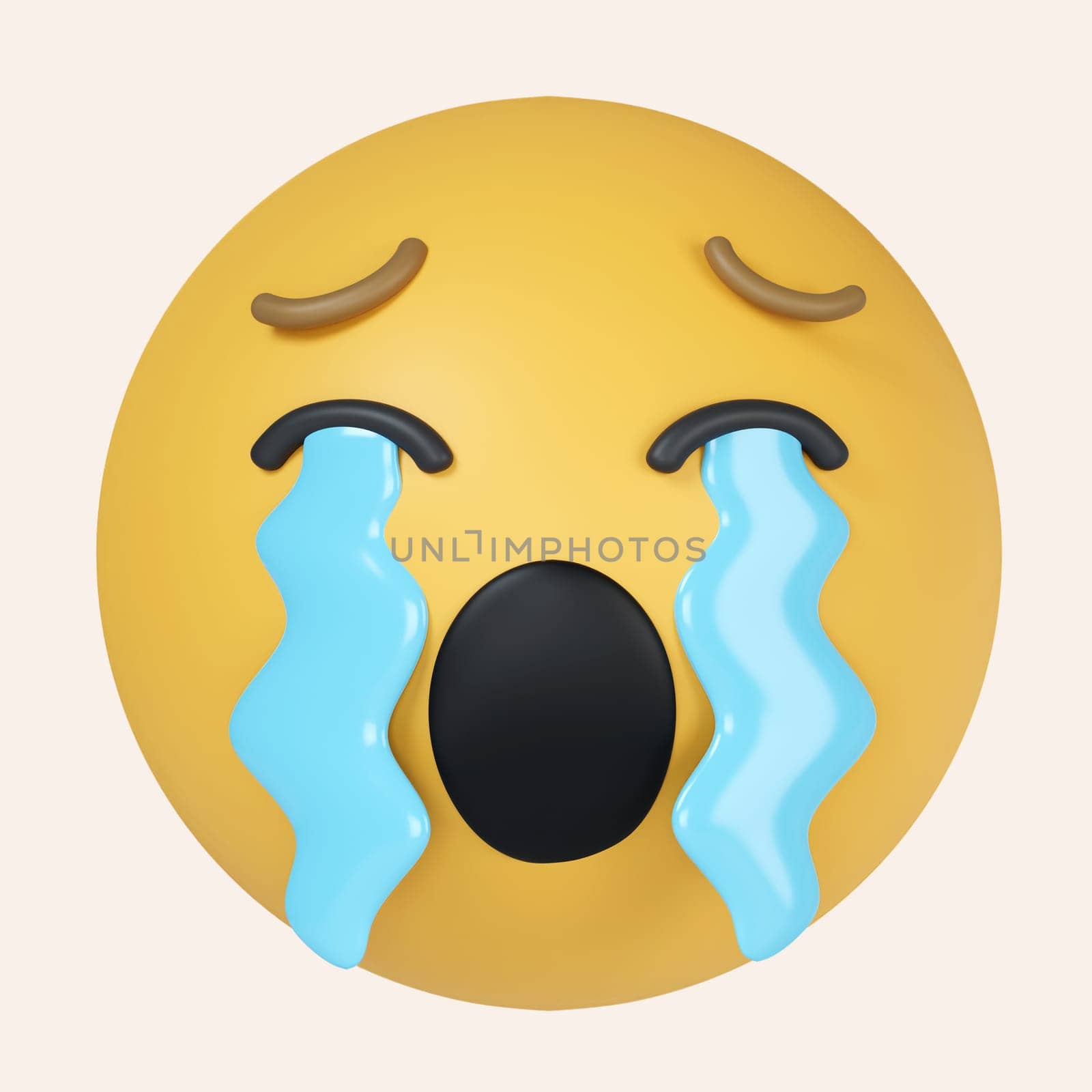3d Loudly crying face icon. Yellow emoji with his mouth open, tears streaming from his closed eyes. icon isolated on gray background. 3d rendering illustration. Clipping path..