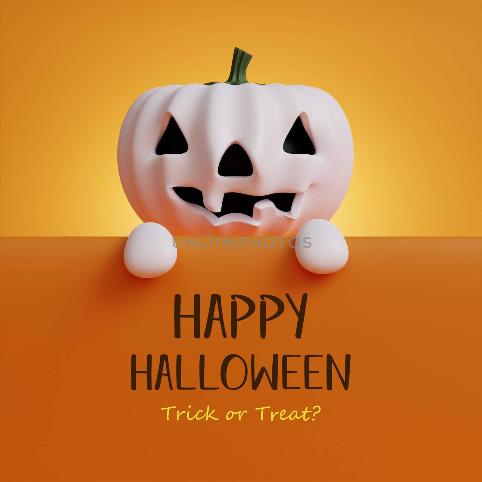 Happy Halloween Festive. Pumpkin on orange paper postcard with text for Halloween. Halloween concept. Traditional October holiday. copy space. 3d render..