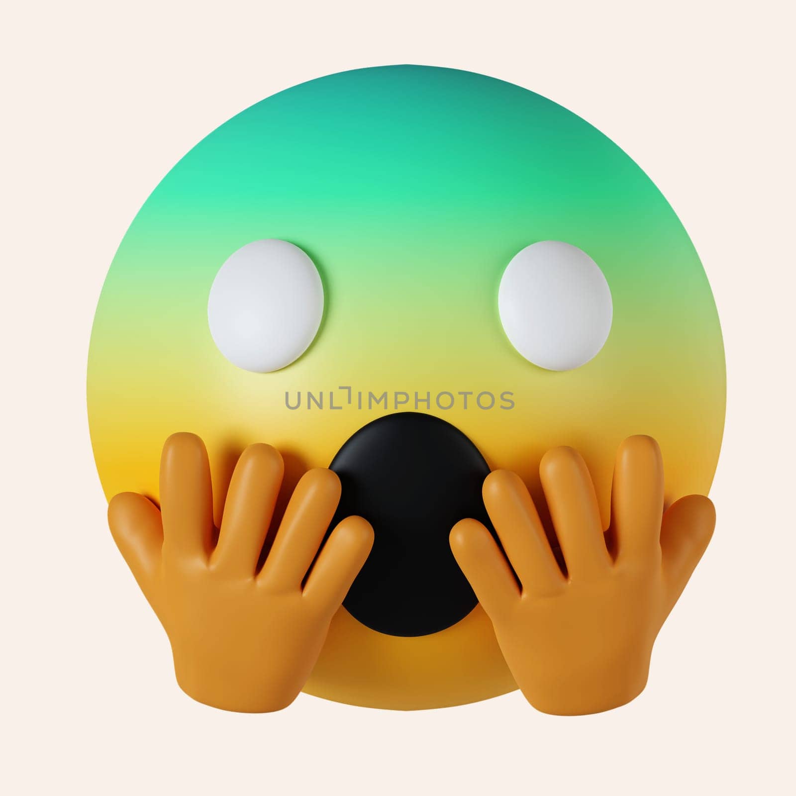 3d Screaming emoticon emoji with two hands holding the face. icon isolated on gray background. 3d rendering illustration. Clipping path..