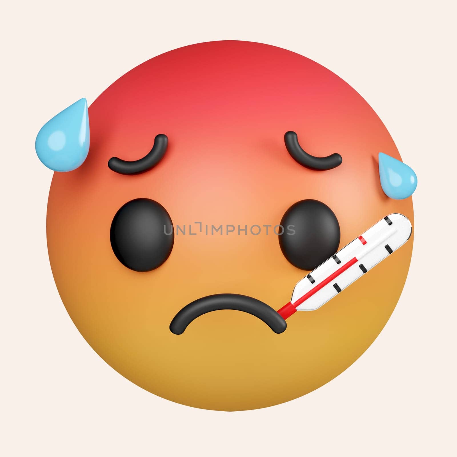 3d Thermometer in mouth emoji. Sick emoticon with high fever. Chat Elements. Doctor Virus Protection. icon isolated on gray background. 3d rendering illustration. Clipping path. by meepiangraphic