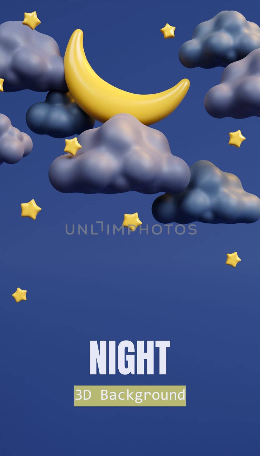 3d night. fluffy clouds with moon and star on dark background . 3d rendering illustration..