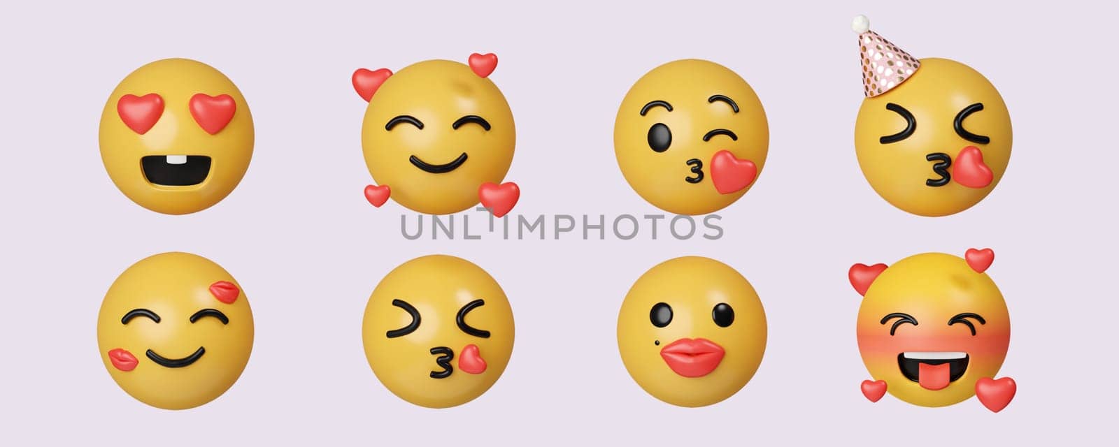 3d love emoji set. Yellow Glossy 3d Emotions face. icon isolated on gray background. 3d rendering illustration. Clipping path..