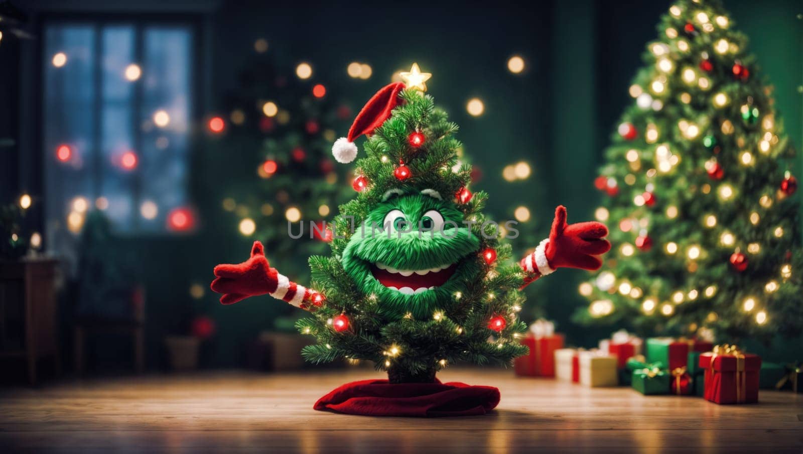 Christmas concept in a room with animated small lit tree with a grinch smiling face and hands against an illuminated bokeh background with copy space.