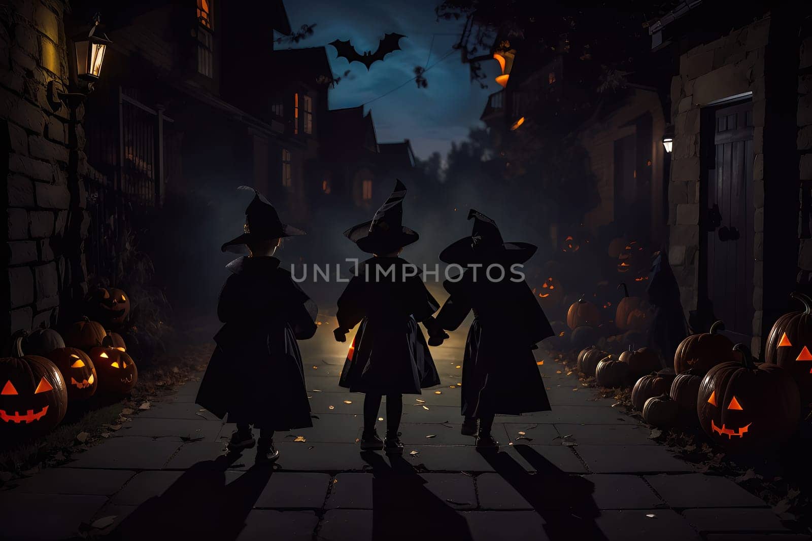 Halloween concept with the silhouettes of teens dressed in black with tall hats as witches walking on a dark alley with lit head-shaped Jack-o'-lantern pumpkins .