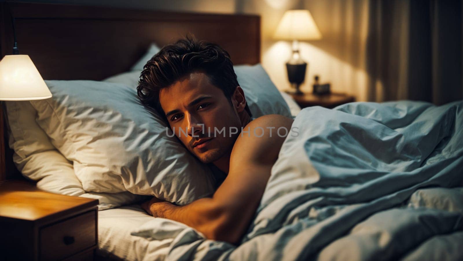 A young beautiful male with thick hair having trouble sleeping in bed, with low light in the room.