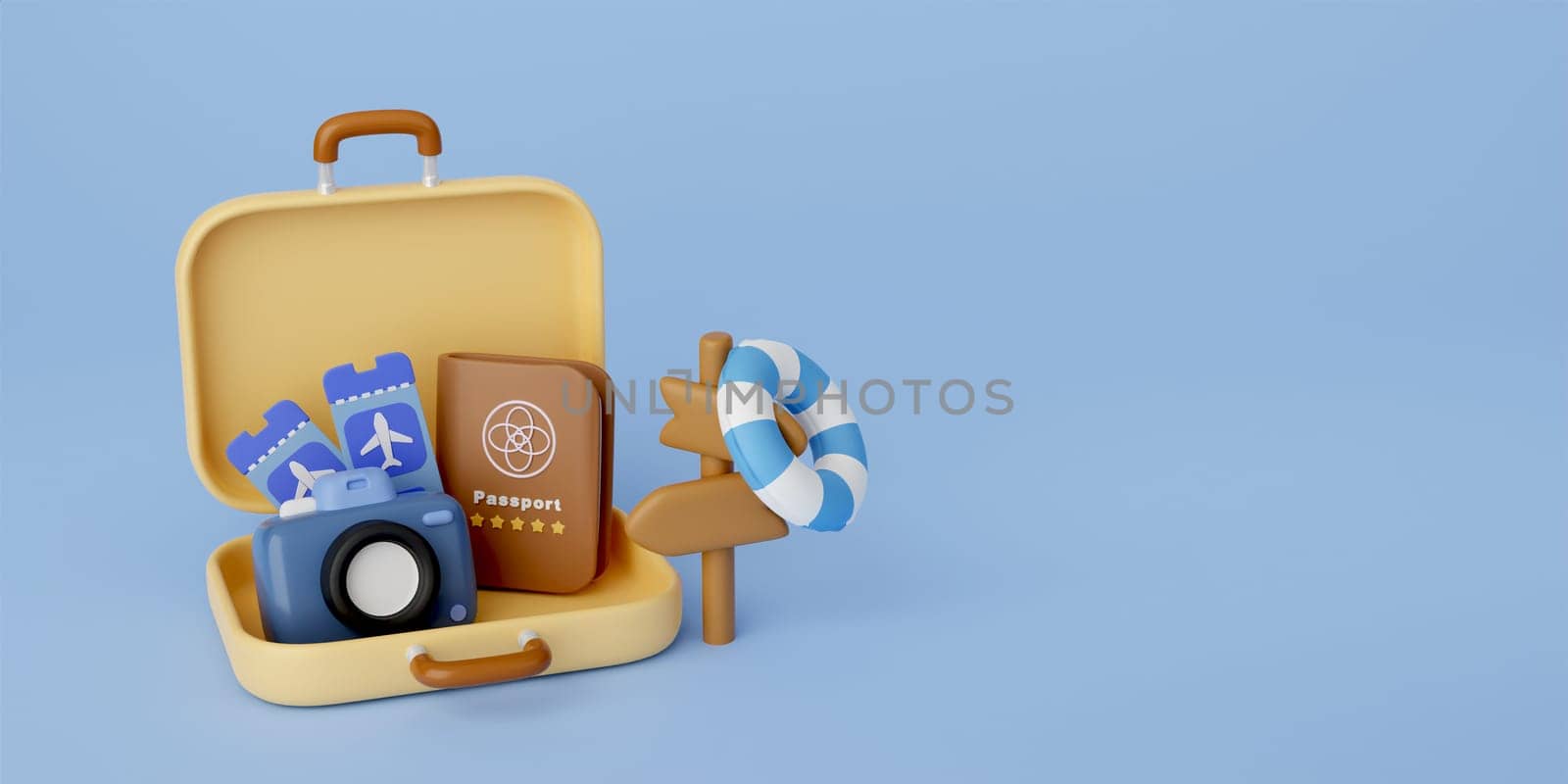 3d Traveling suitcase with travel accessories on Blue background. travel concept. 3d rendering..