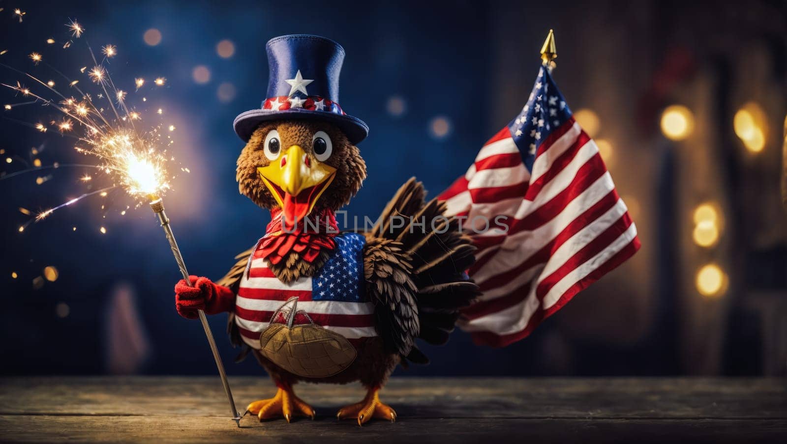 Thanksgiving concept with a turkey figure wearing a hat and dressed with the USA flag holding a sparkler against a bokeh background with copy space.