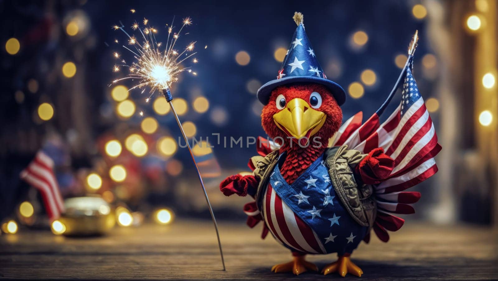 Thanksgiving concept with a turkey figure wearing a hat and dressed with the USA flag next to a sparkler, against a bokeh background with copy space.