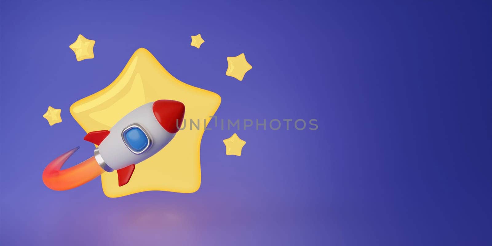 3d Rocket takes off in the starry sky - Space exploring concept. 3d design of Rocket launching on the space mission or tourism in cartoon minimal style. 3d render illustration by meepiangraphic