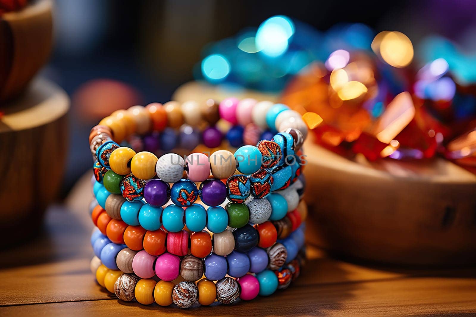 Stack of bracelets made of beads on a wooden table. Children's jewelry.
