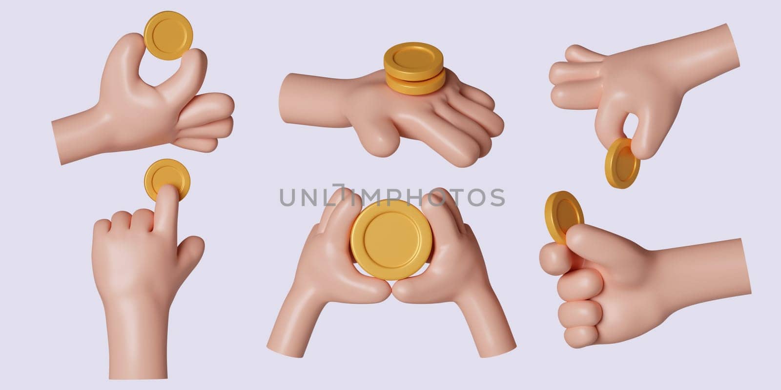 3d hand with golden coins set. The concept of a sale with a dollar sign. Mobile banking service, cashback. icon isolated on gray background. 3d rendering illustration. Clipping path..