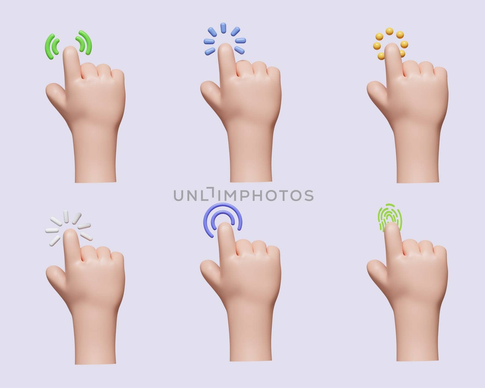 3d Computer cursor with hand and click. Diverse man arms with fingers press button, pointing or touch fingerprint scan. icon isolated on gray background. 3d rendering illustration. Clipping path. by meepiangraphic