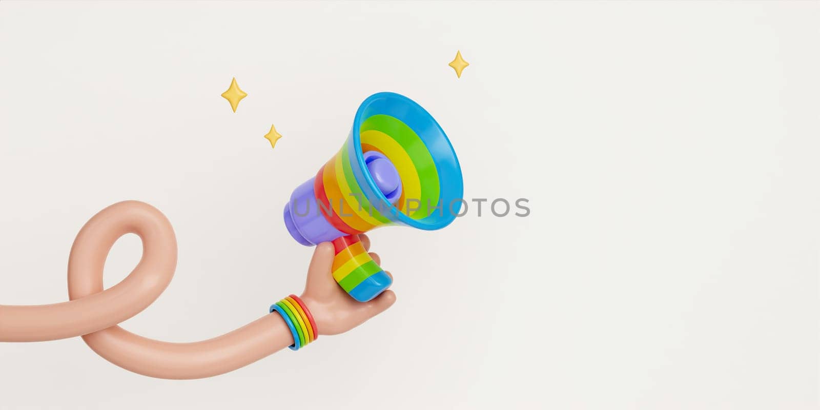 3d hand hold megaphone. pride month concept. 3d rendering illustration..