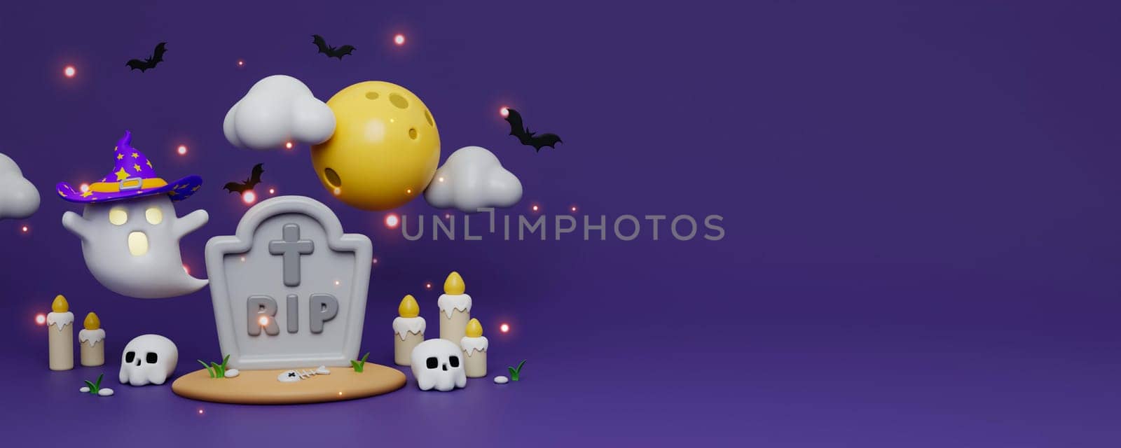 3D Spooky Halloween at graveyard. 3D Rendering cute ghost floating above pumpkin, candle, skull at spooky full moon night. Preparation for holiday. copy space. 3d render. by meepiangraphic