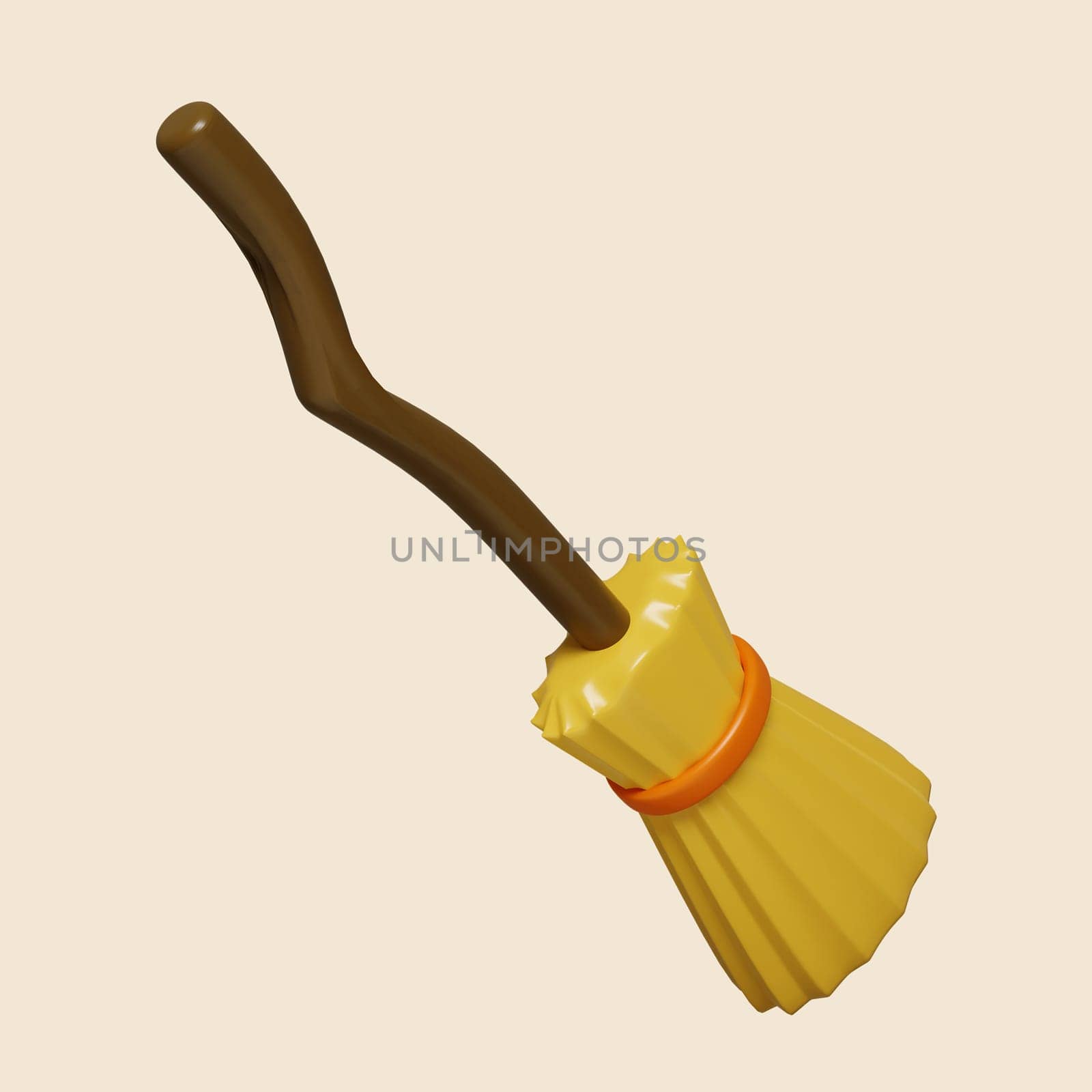 3d Halloween broom icon. Traditional element of decor for Halloween. icon isolated on gray background. 3d rendering illustration. Clipping path..