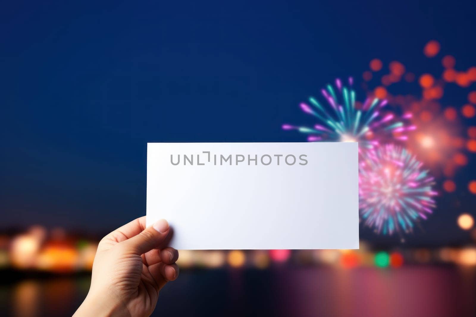 Woman holding white card on the fireworks display a night of celebration. Ai generated..