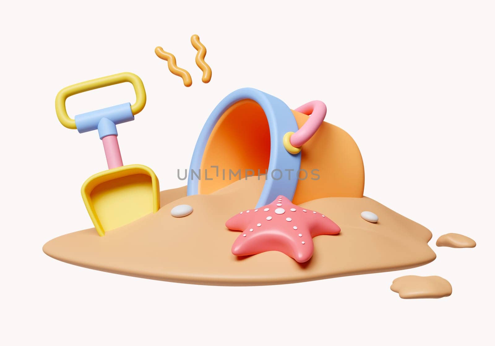 3d sand bucket on sand with starfish. summer vacation and holidays concept. icon isolated on white background. 3d rendering illustration. Clipping path.
