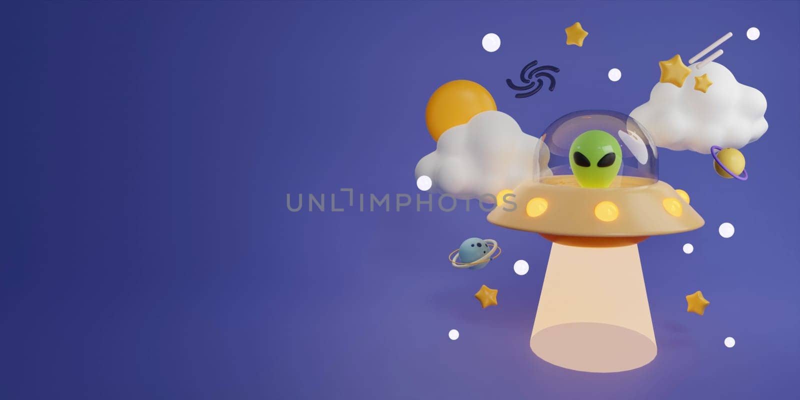 3d Creative cartoon space design with ufo alien with planets and space accessory on dark purple background. banner, 3d render illustration.