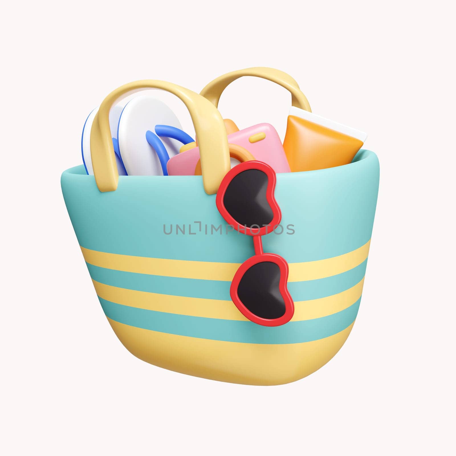 3d bag with sandals, camera, sunscreen and sun glasses. summer vacation and holidays concept. icon isolated on white background. 3d rendering illustration. Clipping path. by meepiangraphic