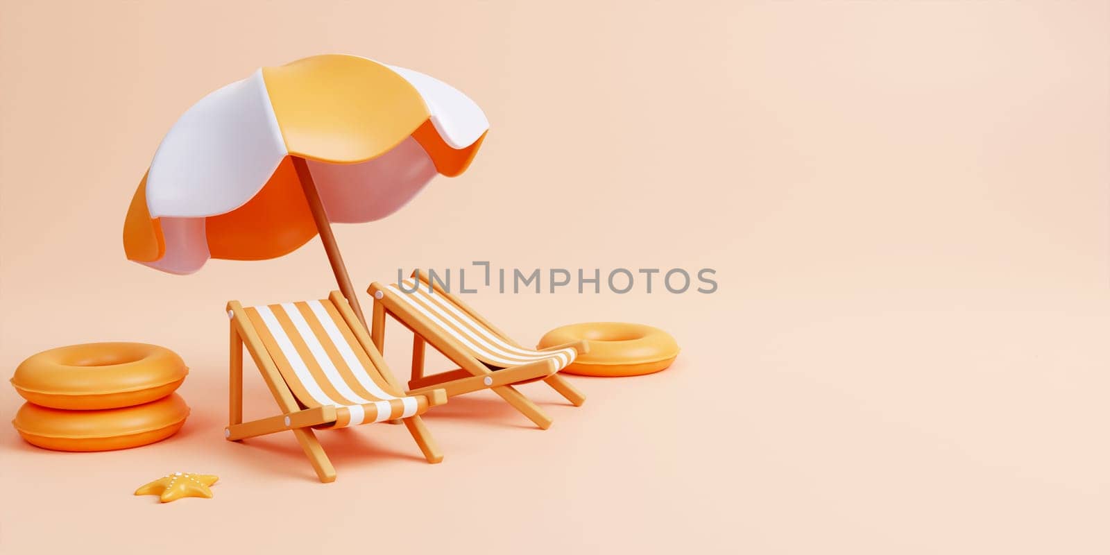 Beach Chair, Umbrella and swimming ring , Summer holiday, Time to travel concept. Creative travel concept idea with copy space. illustration banner 3d rendering illustration by meepiangraphic