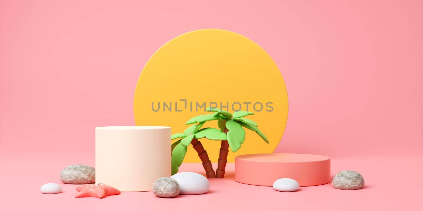 summer podium, showcases with rock starfish and coconut tree. for advertising summer products, sunscreen products, relaxation and vacations. 3d rendering illustration.