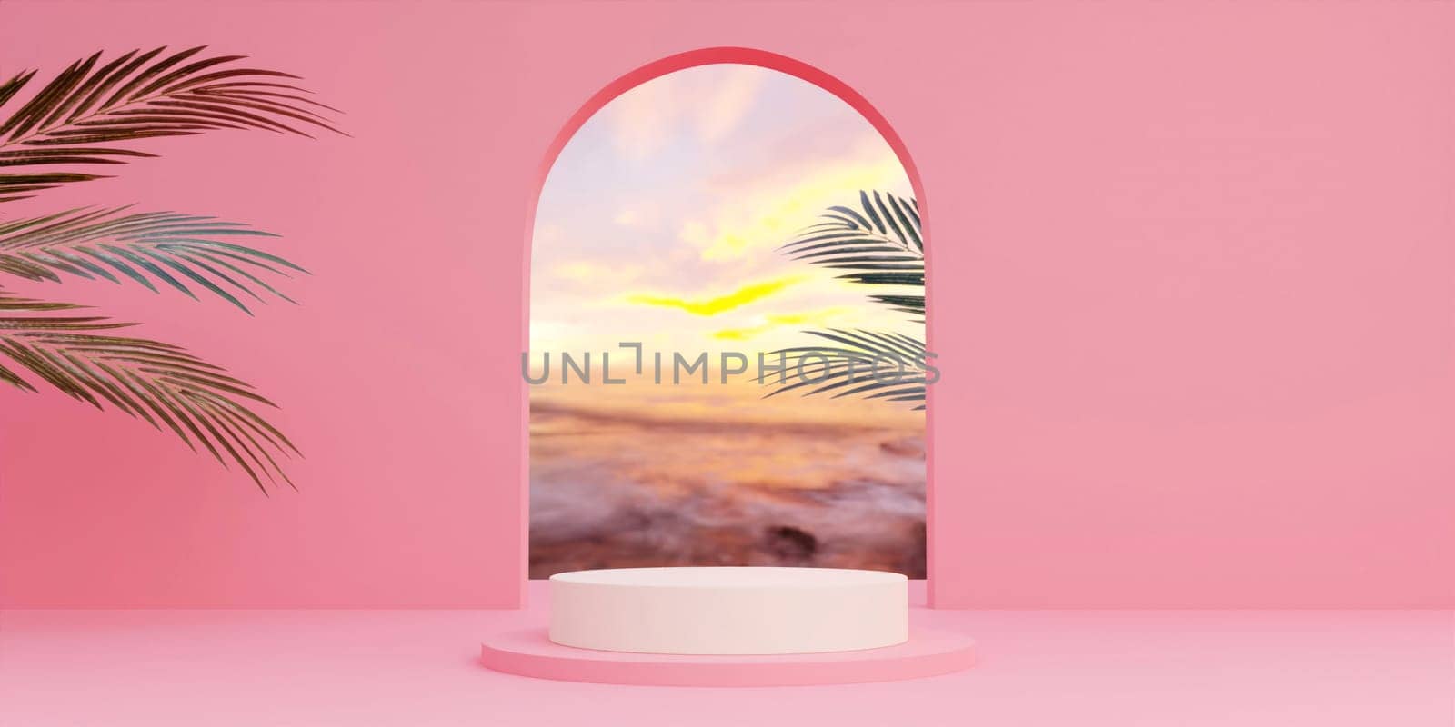 3d render, abstract geometric shape pastel pink , summer scene minimal design, product display, Pink Interior Background with sky and summer plant. 3d rendering illustration..