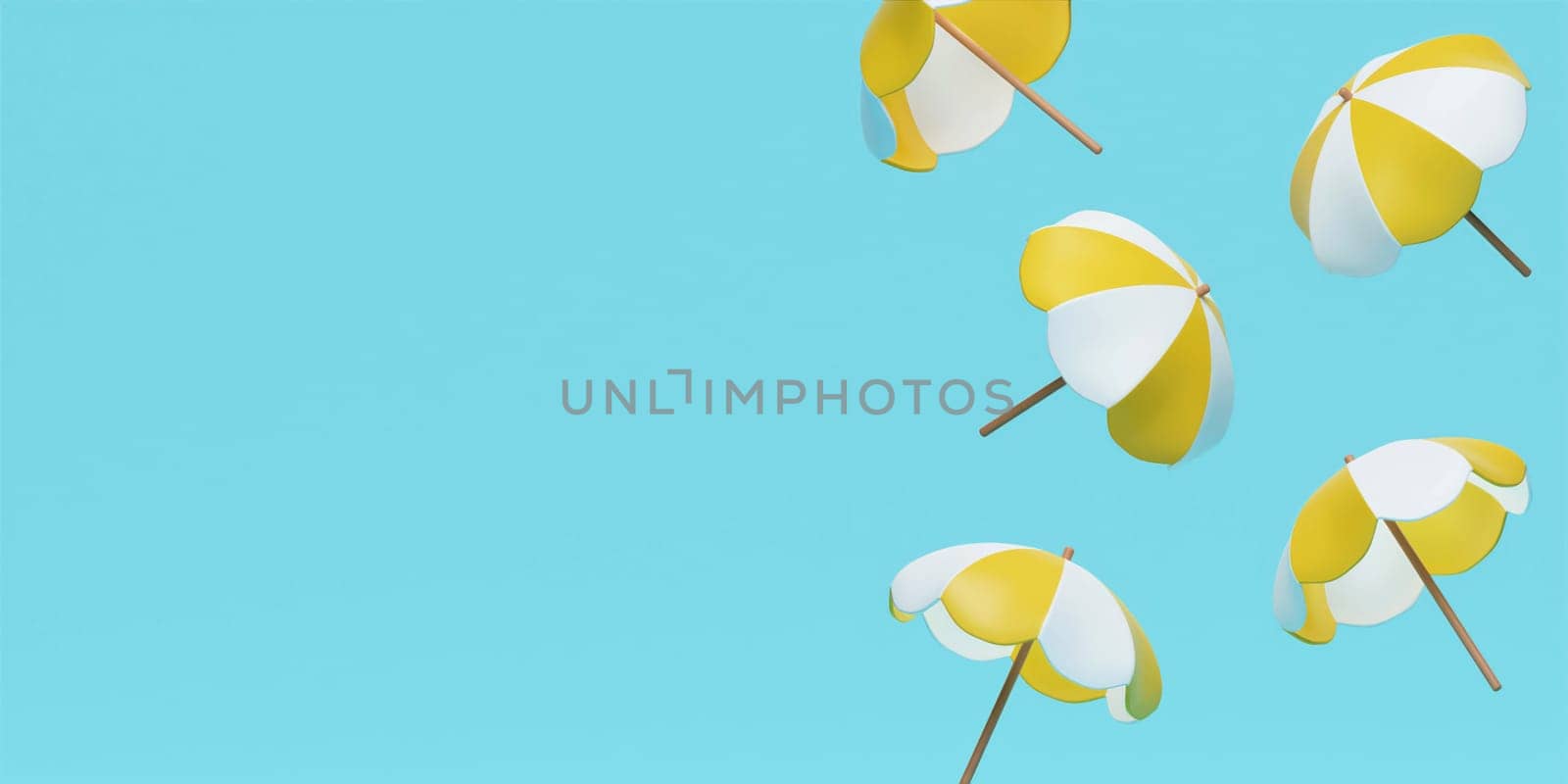 float yellow umbrella isolate on pastel blue background, summer concept, concept of summer. 3 illustration banner. 3d rendering illustration.