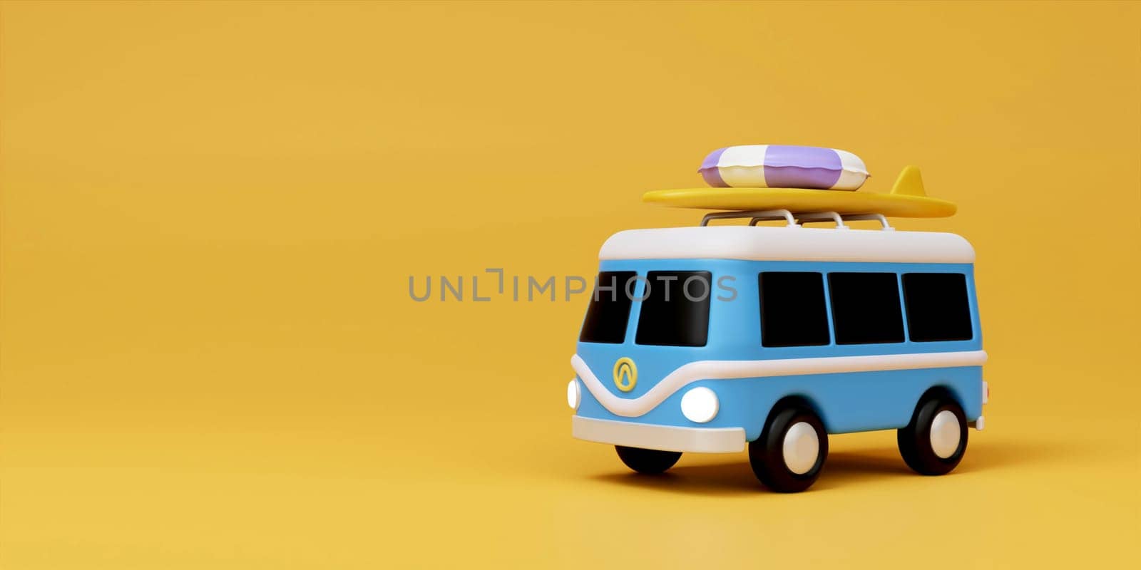 3d blue Mini van on yellow background , concept of beach vacation, landing page template in cute 3d cartoon illustration.