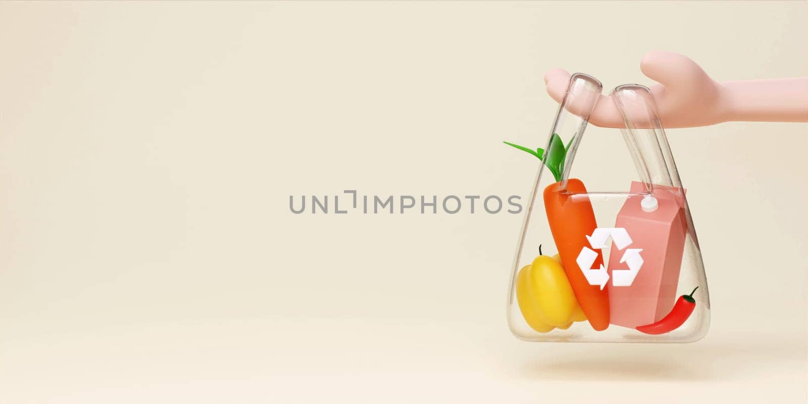 3d hand hold recycle plastic bag with carrot, bell pepper, chili and milk. recycle and save the planet and energy concept. 3d rendering illustration..