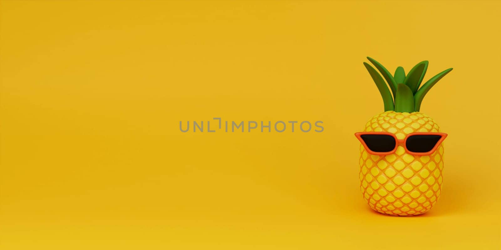 3d Summer concept with pineapple with sunglasses on yellow background . Copy space. 3d illustration banner. 3d rendering illustration by meepiangraphic