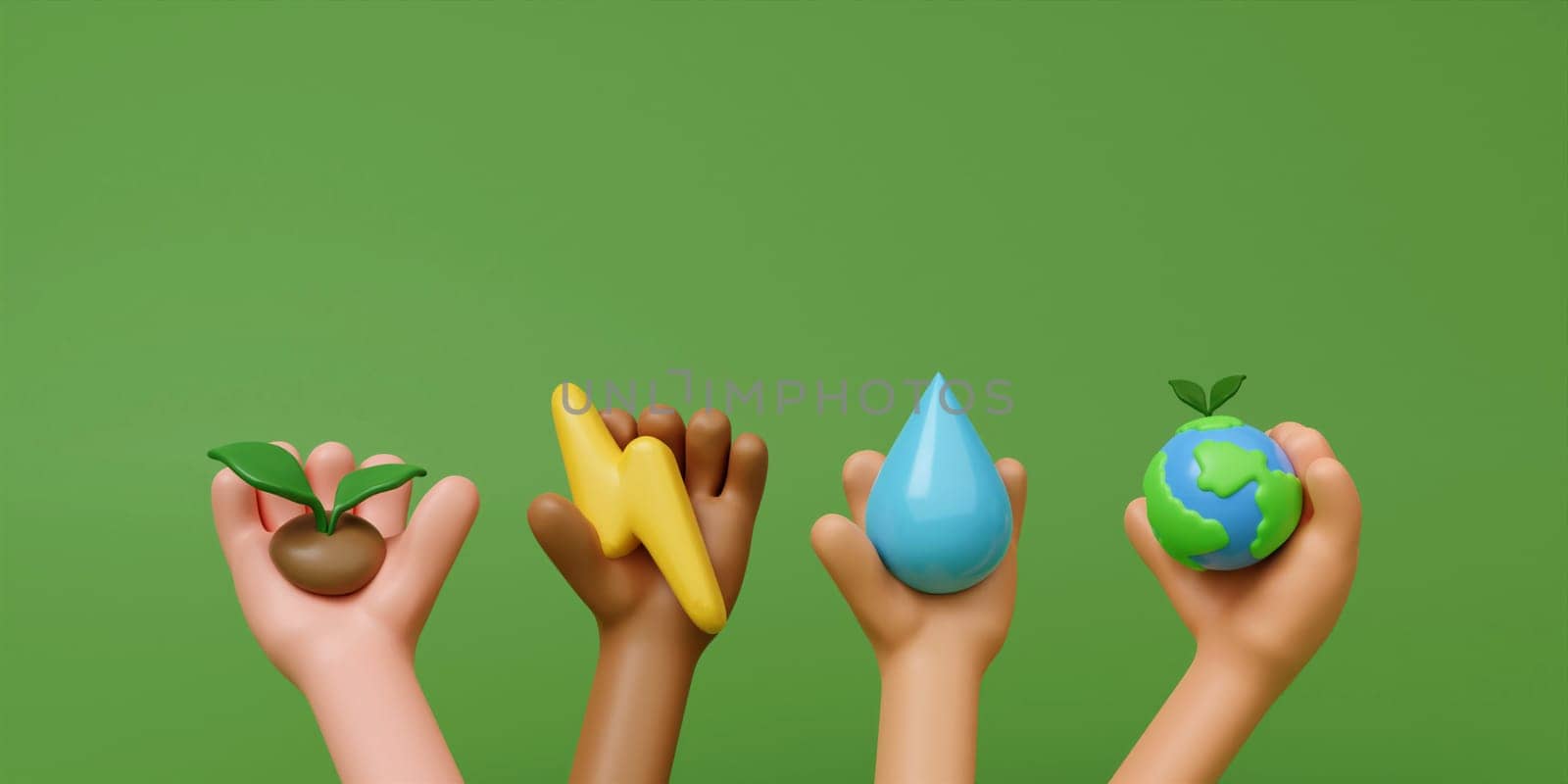 3d hand hold plan, thunder, water, earth on green background. Concept of Save the Earth, Protect environmental and eco green life, ecology and nature protect. 3d rendering illustration..