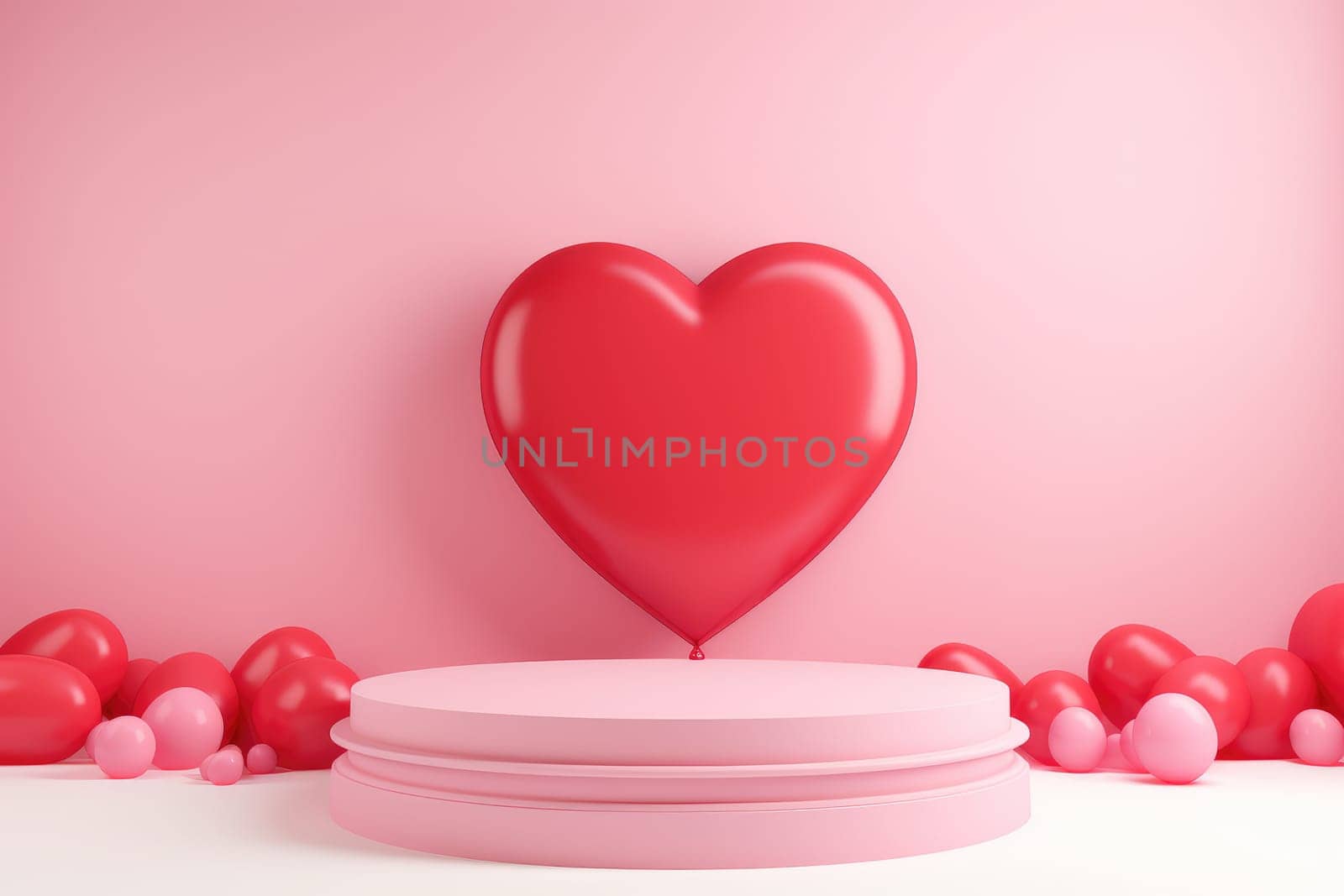 3D podium Valentine heart shaped balloons, Empty stage display presentation product, AI generate by matamnad