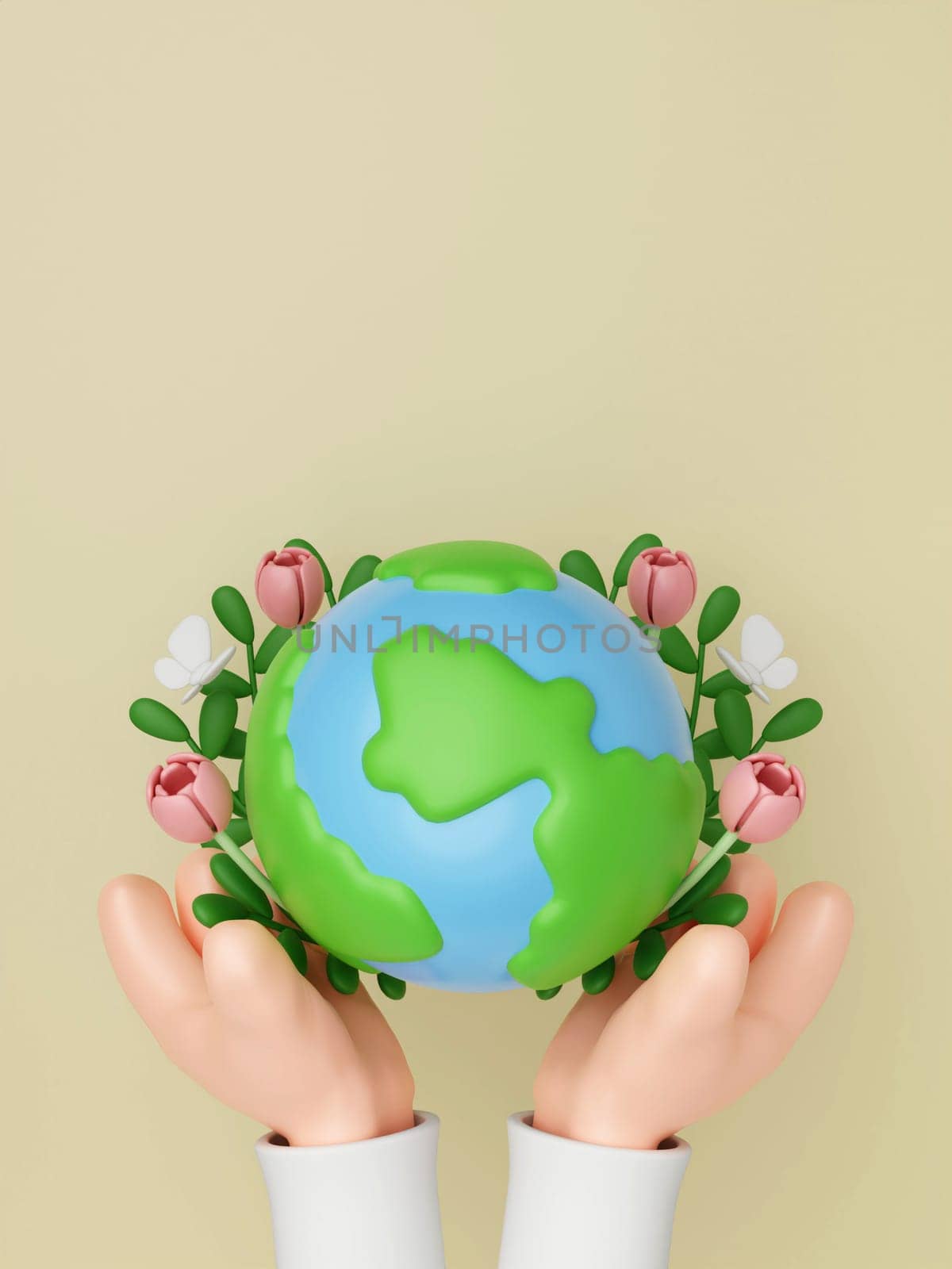 3d earth with flower. Concept of Save the Earth, Protect environmental and eco green life, ecology and nature protect. 3d rendering illustration. by meepiangraphic