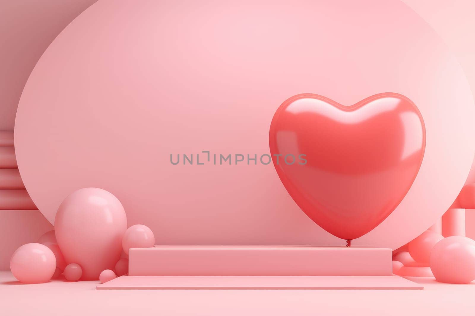 3D podium Valentine heart shaped balloons, Empty stage display presentation product, AI generate.