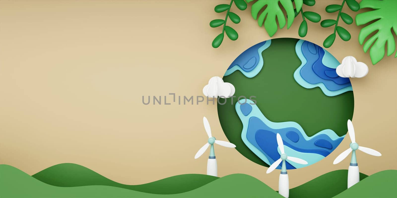 3d Green leaf with windmills and planet. ecology is an energy saving concept for getting free energy from the nature. 3d rendering illustration. by meepiangraphic