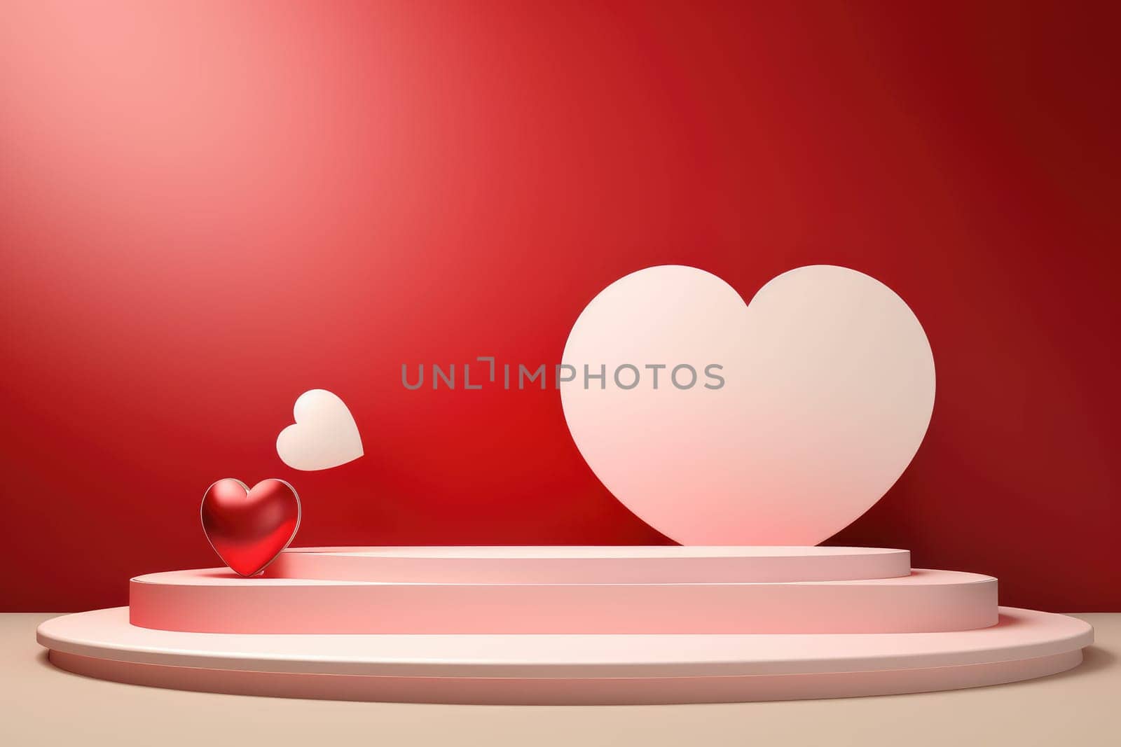 Valentines podium pedestal with 3d pink heart and cloud . generative ai.