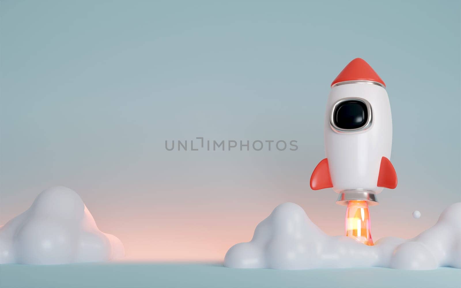 3d rocket flying in space. Spaceship rocket lunch on gray background. banner, 3d render illustration. by meepiangraphic
