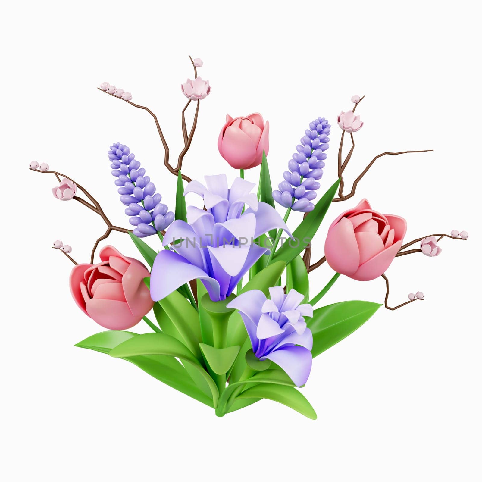 3d decorative flowers. Colorful spring bouquet. Floral arrangement garland. icon isolated on white background. 3d rendering illustration. Clipping path. by meepiangraphic