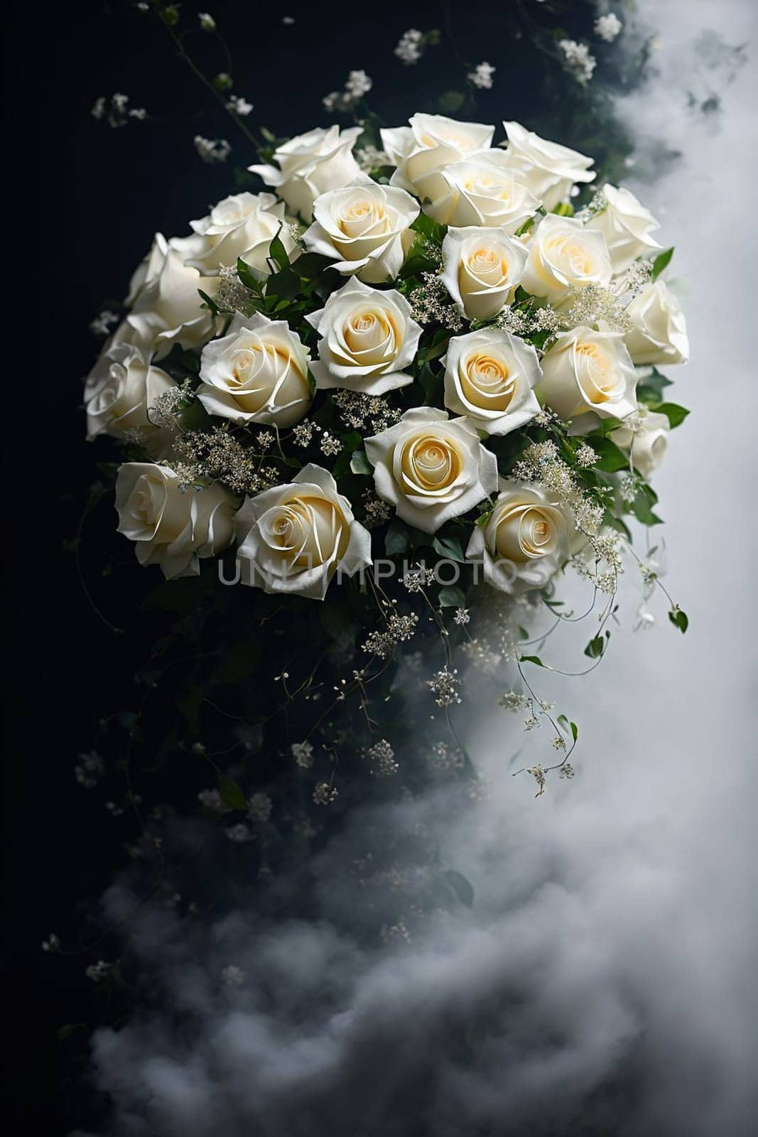 bouquet of white roses on an abstract black and white background. AI-generated image.