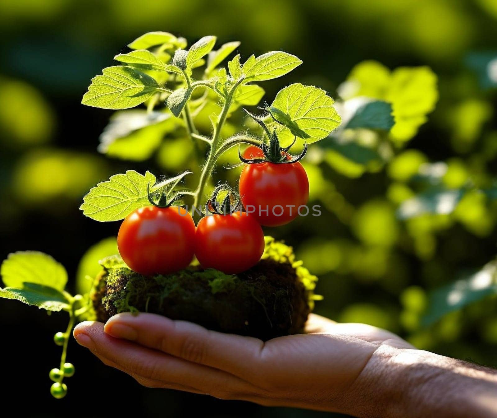 tomato sprout with soil in hand outdoors. image generated using AI.