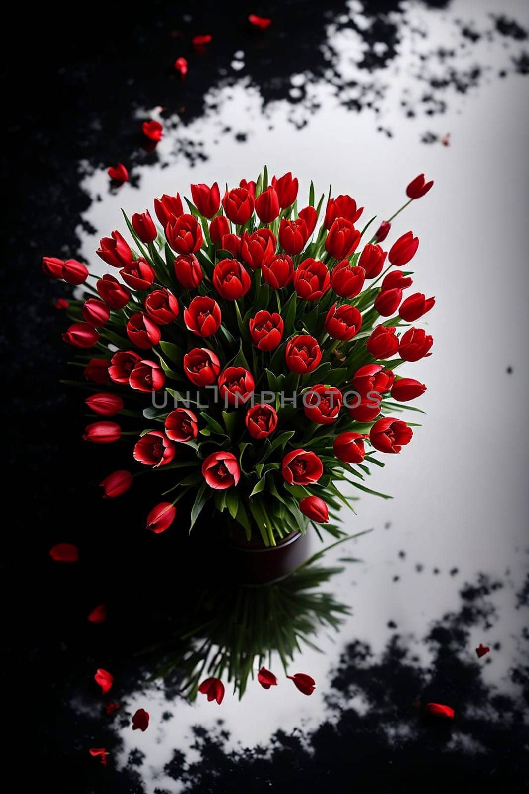 bouquet of red tulips on an abstract black and white background. AI-generated image.