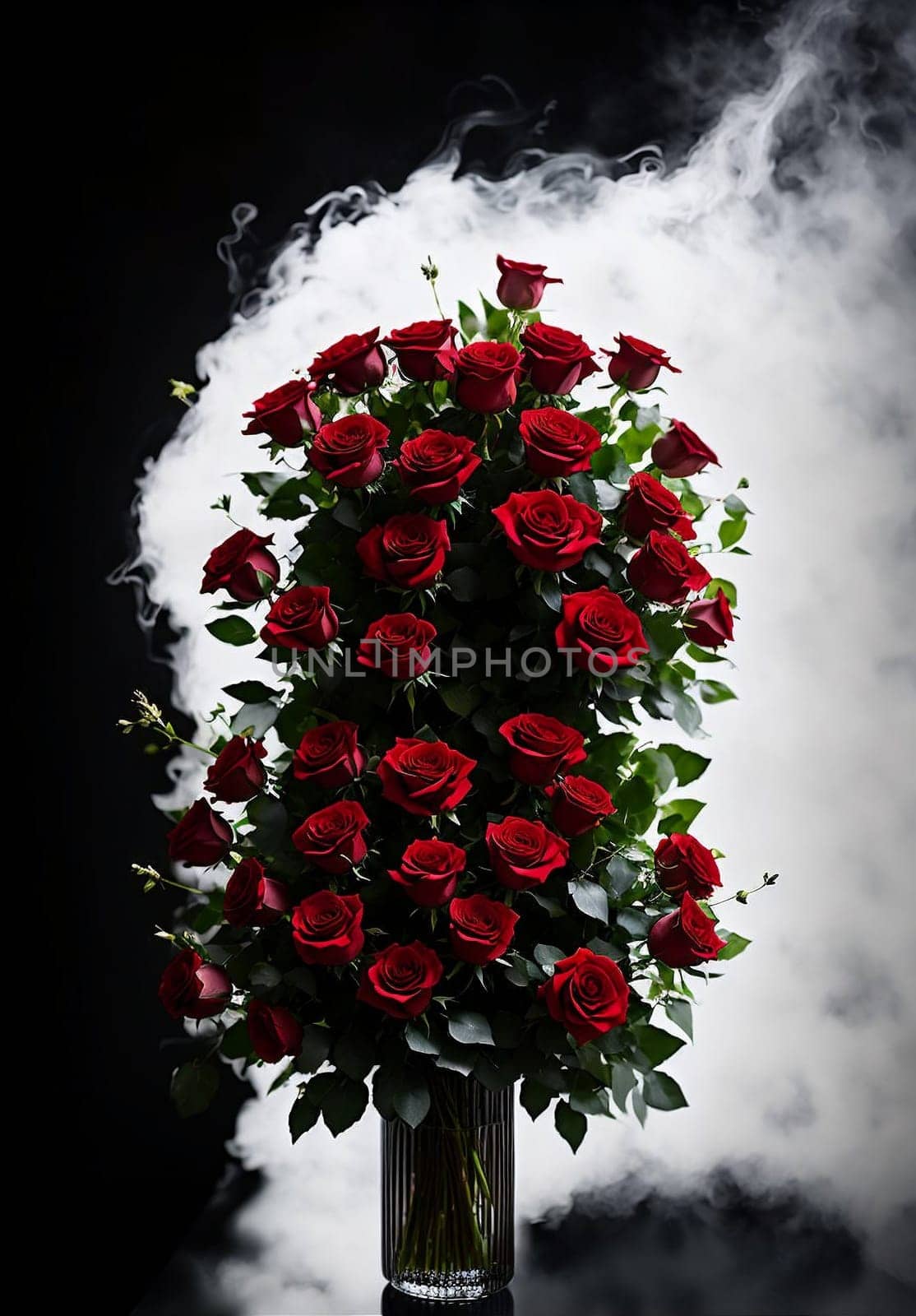 bouquet of red roses in a basket on a light background. by Rawlik