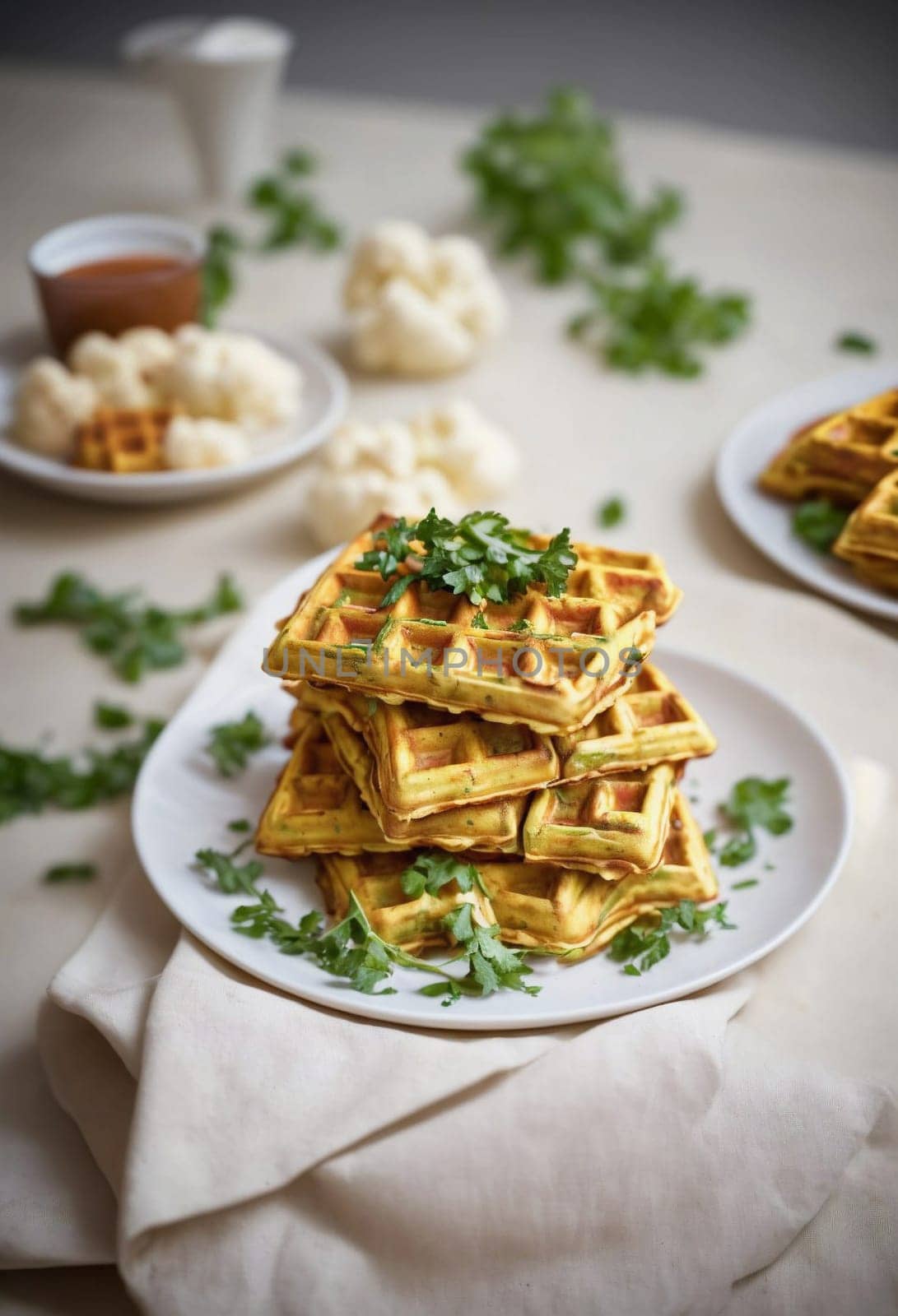 vegetable waffles cooked with cauliflower in a plate on a wooden table. AI generated image.. AI generated image.