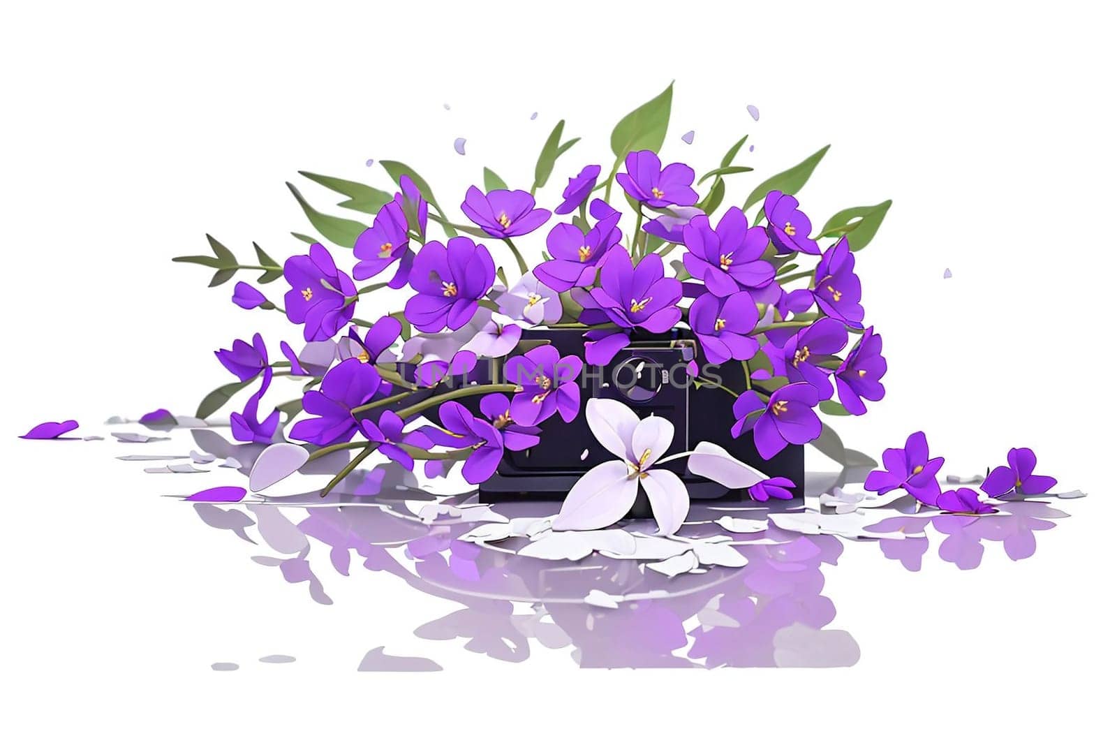 Beautiful white and purple flowers, isolated on white background. AI generated image.