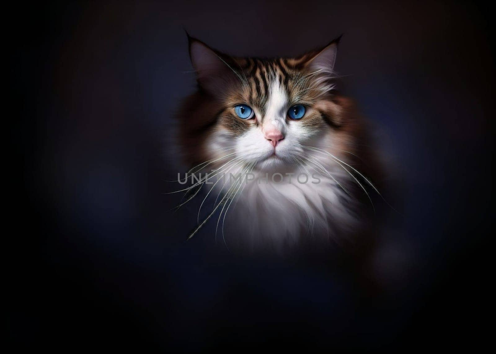 Beautiful young healthy Ragdoll cat isolated on a black background . AI-generated image.