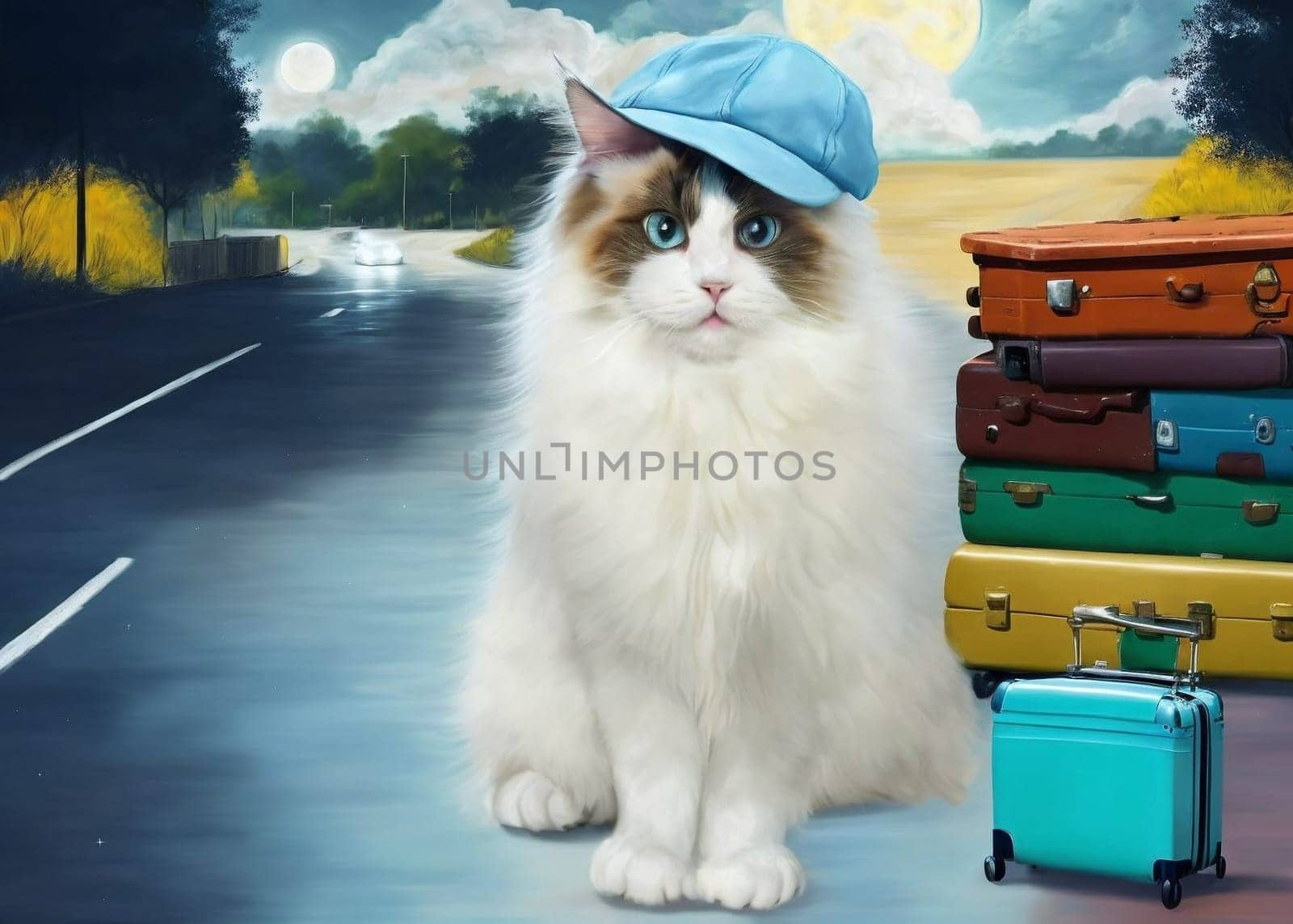 A beautiful young white purebred Ragdoll cat with blue eyes sits on an asphalt road with suitcases. AI-generated image.. AI-generated image.