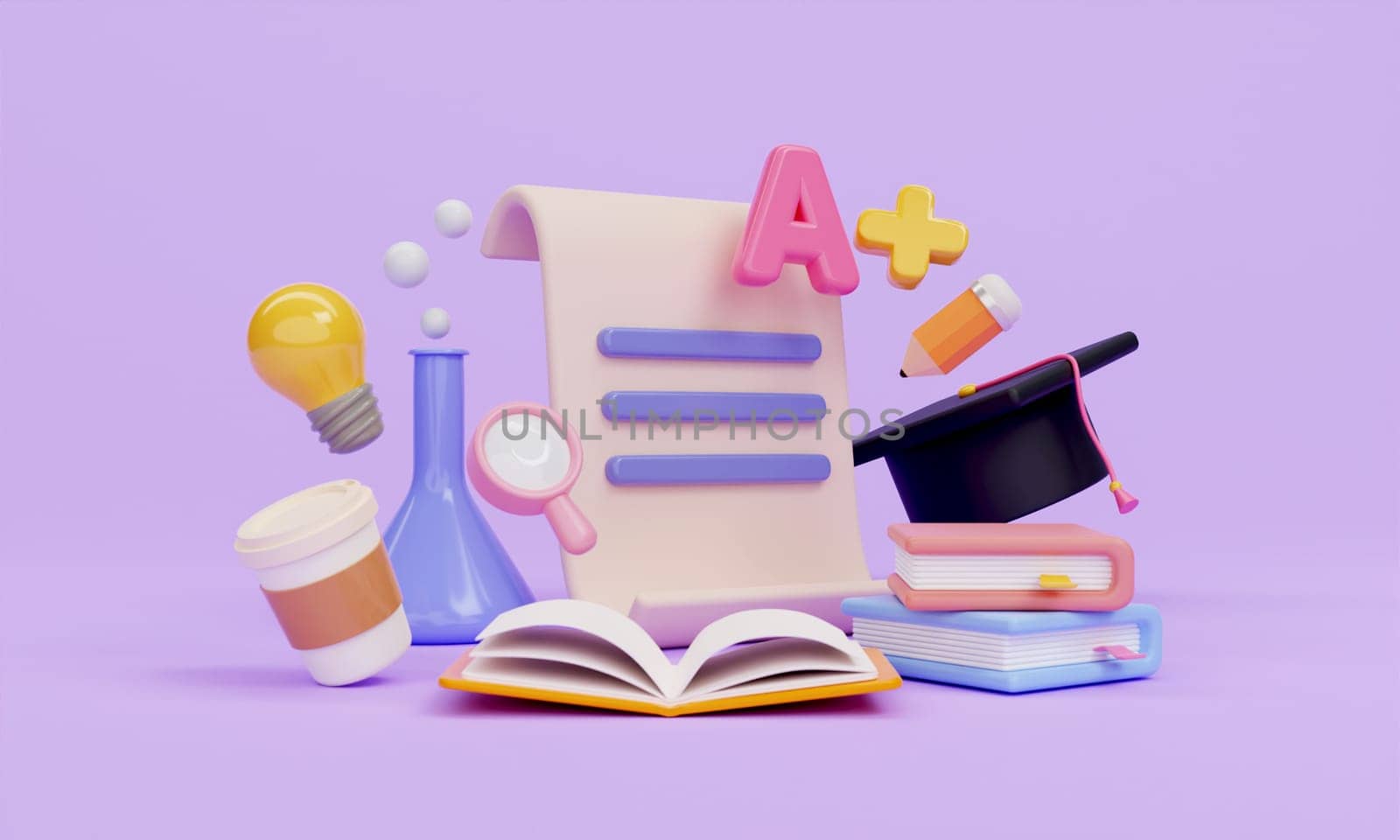 3d education concept. school accessories on purple background. back to school. 3d rendering illustration..