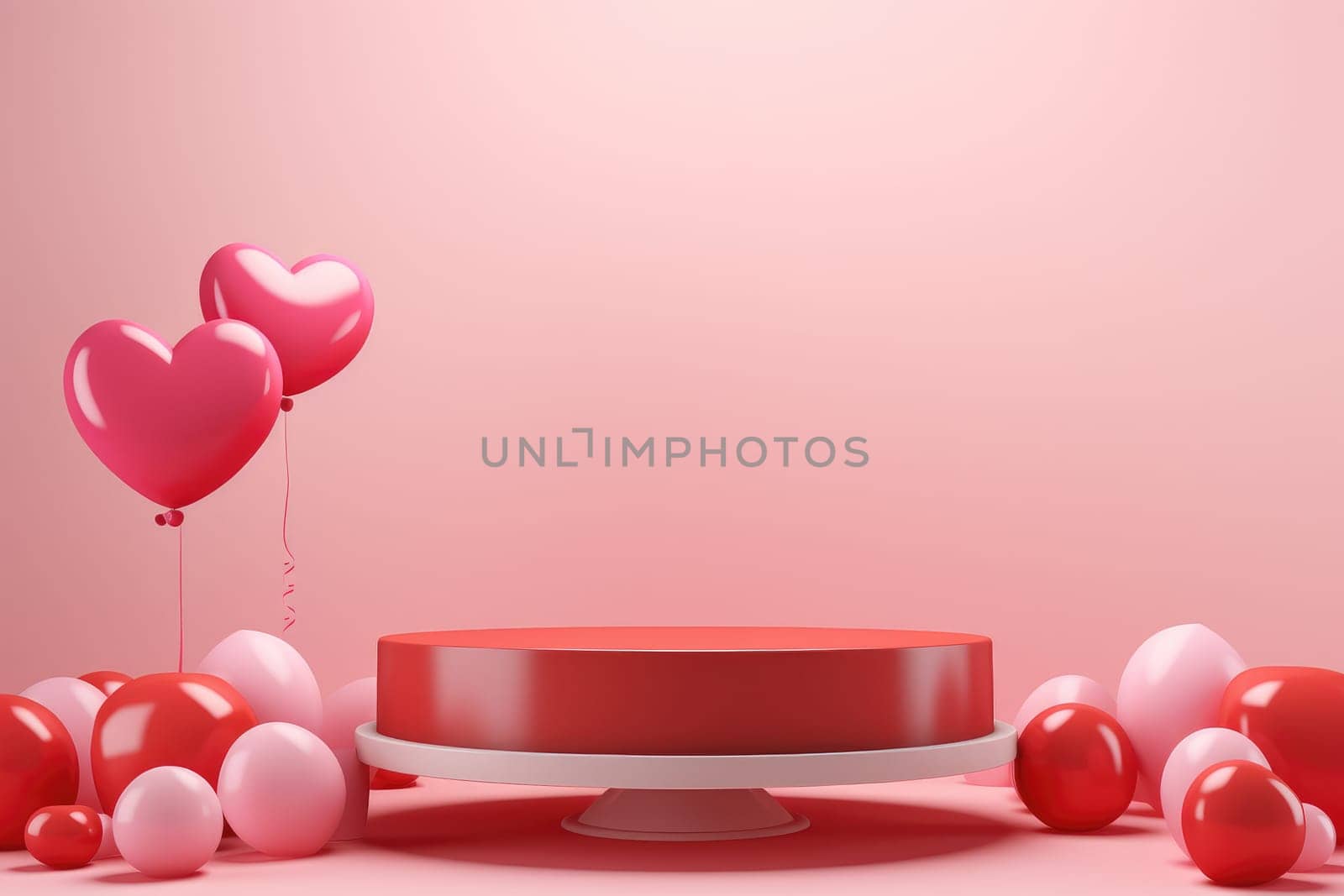 3D podium Valentine heart shaped balloons, Empty stage display presentation product, AI generate by matamnad